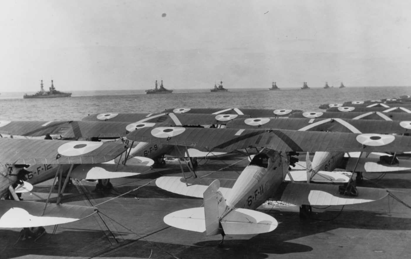 Boeing F2B biplane fighters on the flight deck of the USS Saratoga in 1928