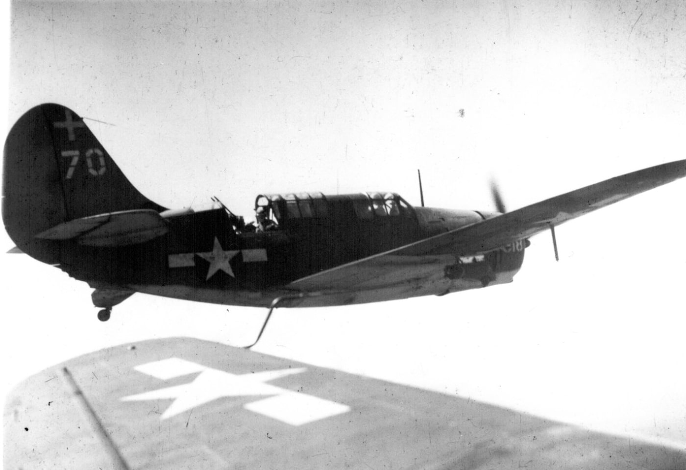 Curtiss SB2C Helldivers in flight to attack the Japanese fleet during the Battle of the Sibuyan Sea