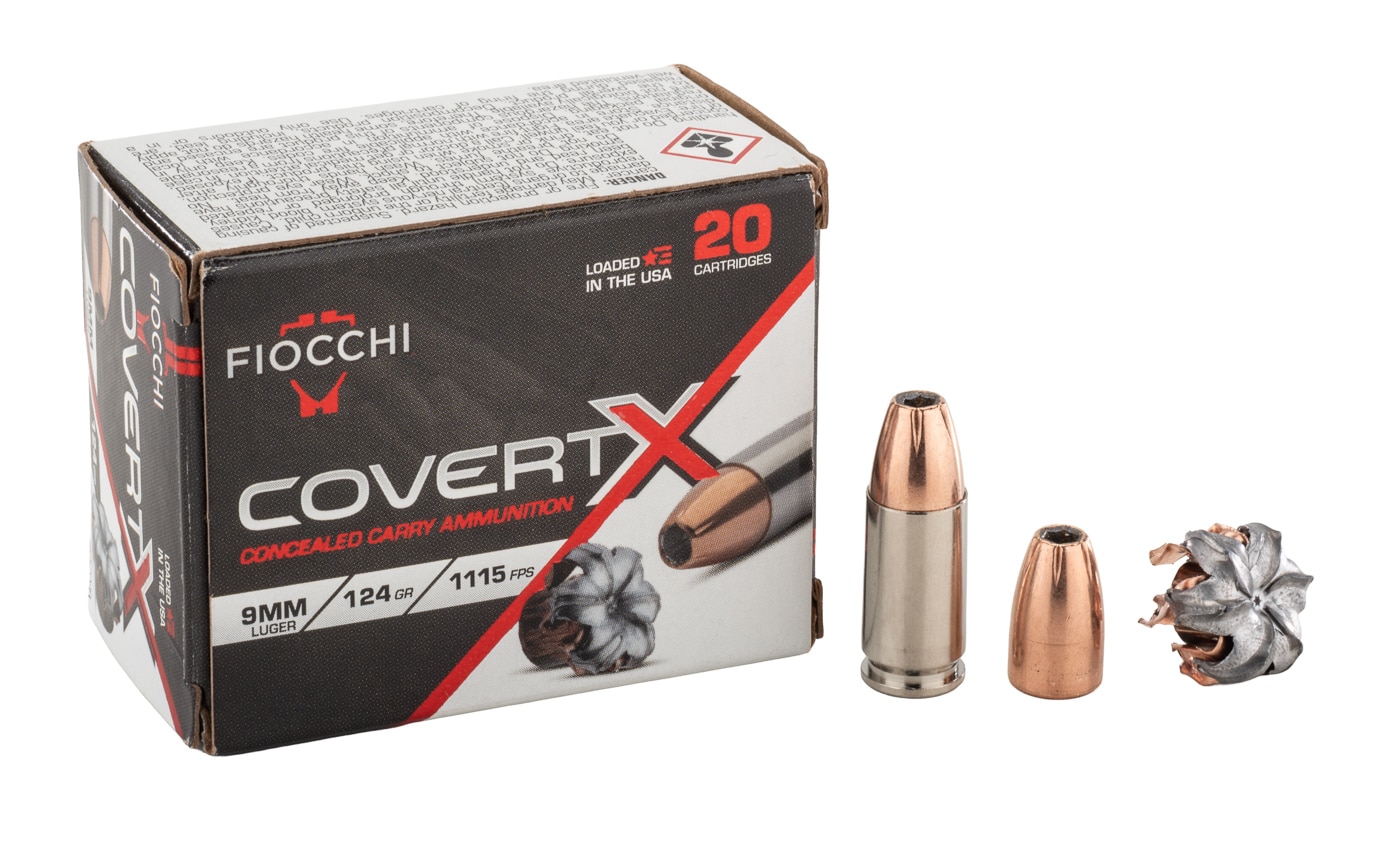 An expanded Fiocchi CovertX 9mm 124-gr. jacketed hollow point bullet sits next to its ammunition box, showing the symmetrical petals formed during testing. The precut serrations in the lead-alloy core opened evenly, producing the kind of controlled expansion Fiocchi advertises for this load. The heavy copper jacket stayed bonded to the core throughout penetration, which is critical for delivering full bullet weight to vital target areas. This Fiocchi CovertX 9mm review found that the round expanded fully and penetrated 12" into Clear Ballistics synthetic gel. That depth aligns with FBI protocol recommendations for defensive ammunition. The terminal performance shown here held up against many premium self-defense loads on the market today. Results like these are why CovertX earned serious consideration for everyday carry use.