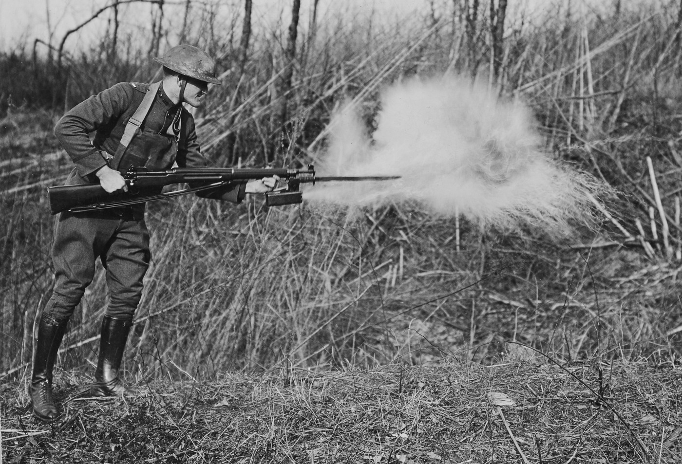 M1917 rifle with flaming bayonet in action