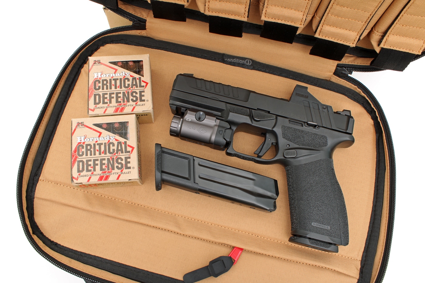 Springfield Armory Echelon in Kinetic 2 pistol bag with spare magazine and two boxes of Hornady Critical Defense ammunition