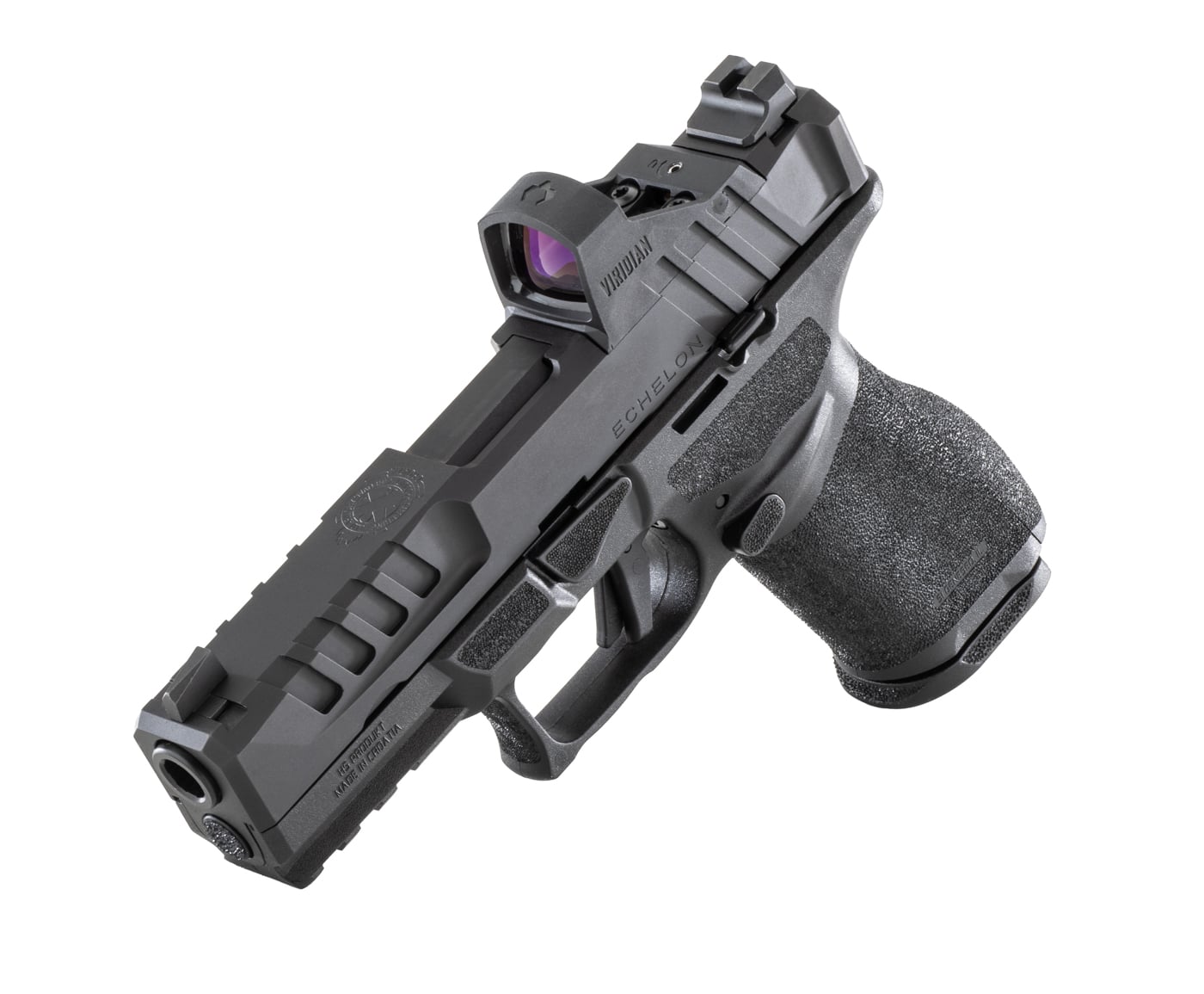 Photo shows a side profile view of a Springfield Armory Echelon pistol with a Viridian RFX-11 green dot optic mounted on the slide. The Echelon Gear Pac features a factory-installed optic. Springfield Armory designs the Echelon for optic-ready use. The Springfield Armory Echelon deal includes a model-specific RFX-11. Striker-fired pistols dominate the modern handgun market. The Echelon slide accepts dedicated Viridian optics. The Springfield Armory Echelon deal eliminates separate optic purchases. Concealed carriers favor red-dot-equipped pistols. Shooters appreciate seamless optic integration.