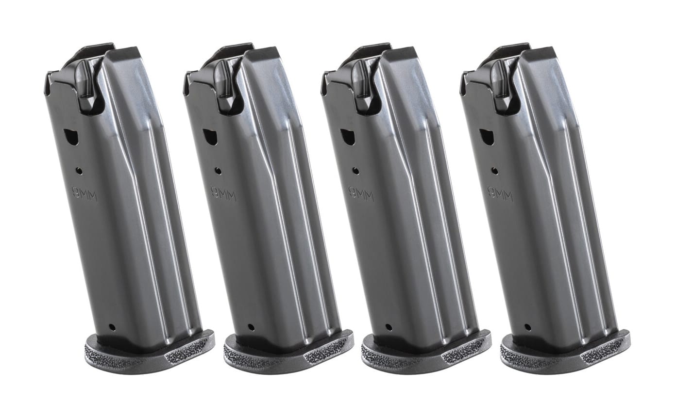 Photo shows four black flat-base pistol magazines included with the Springfield Echelon Gear Pac, lined up side by side. The Echelon Gear Pac includes four magazines. Shooters need extra mags for training sessions. The Springfield Armory Echelon deal supplies enough magazines for competition. Pistol owners reload frequently at the range. Flat-base magazines fit concealment holsters easily. The Springfield Armory Echelon deal removes the need for aftermarket mag purchases. Competitive shooters carry multiple loaded magazines. Gun owners appreciate generous mag counts in factory bundles.