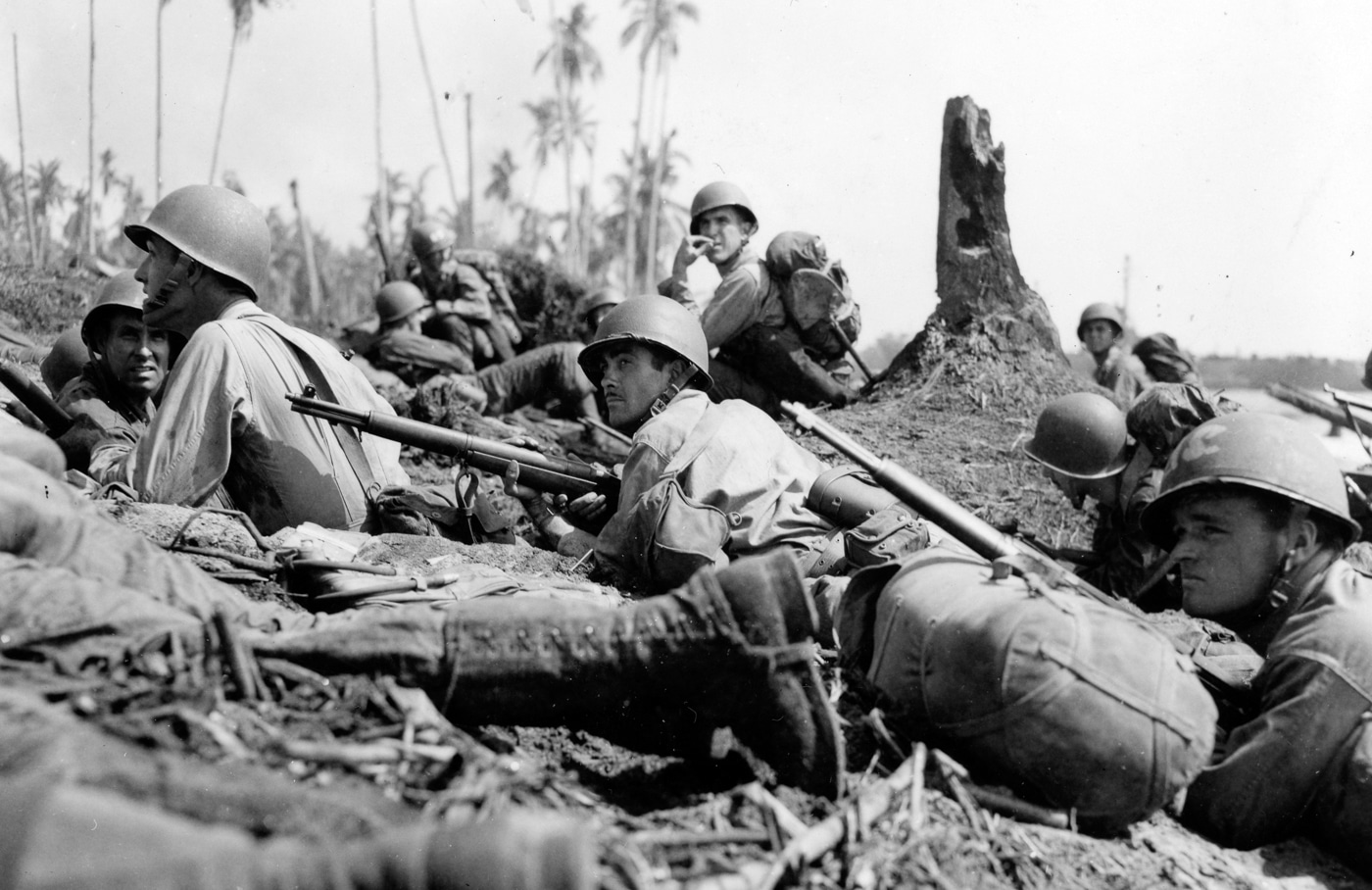 US soldiers pinned down on a landing beach Leyte Island Philippines