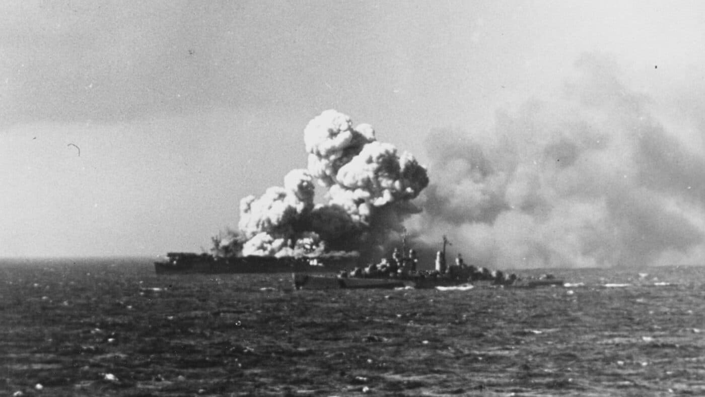 USS Princeton CVL-23 burning after hit by a Japanese bomb in the Battle of Leyte Gulf