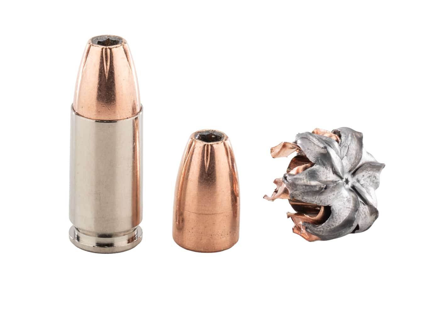 An expanded Fiocchi CovertX 9mm 124-gr. JHP bullet is shown after being pulled from a block of Clear Ballistics synthetic gel. The projectile displays complete, symmetrical petal formation with the heavy copper jacket still firmly attached to the lead-alloy core. The Fiocchi CovertX 9mm review measured 12" of penetration into the synthetic gel, which closely matches FBI protocol recommendations for defensive handgun ammunition. Expansion was consistent, and the bullet showed minimal weight loss after impact. A recovered round like this confirms what the manufacturer claims about regulated terminal performance from short barrels. Self-defense ammunition has to do exactly two things reliably: penetrate deep enough to reach vital structures and expand to create a wound cavity. CovertX accomplished both with flying colors during testing through the Hellcat Pro's 3.7" barrel.