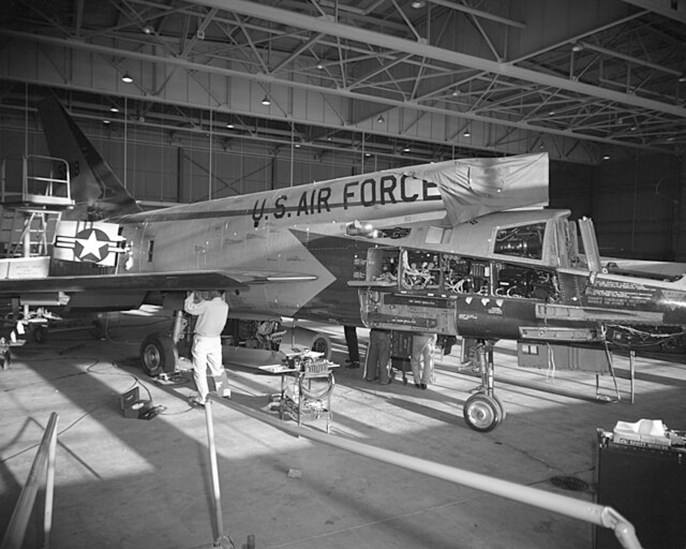 ground crew working on first F-107 Ultra Sabre