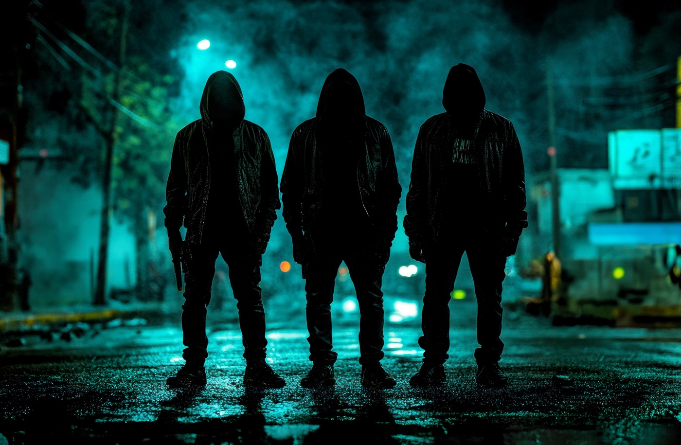 Three men wearing dark hooded sweatshirts walk together down a dimly lit urban street at night, their faces partially obscured by shadow. Scenarios like this illustrate why threat evaluation is a core skill for any concealed carry permit holder. The armed citizen has to read hands, posture, and intent before considering any defensive response. Low light strips away the visual cues that daytime encounters provide, so identifying a genuine deadly threat becomes far more difficult. Ability, opportunity, jeopardy, and preclusion all must be satisfied before deadly force is justified. Until then, awareness and distance are the tools that matter most.