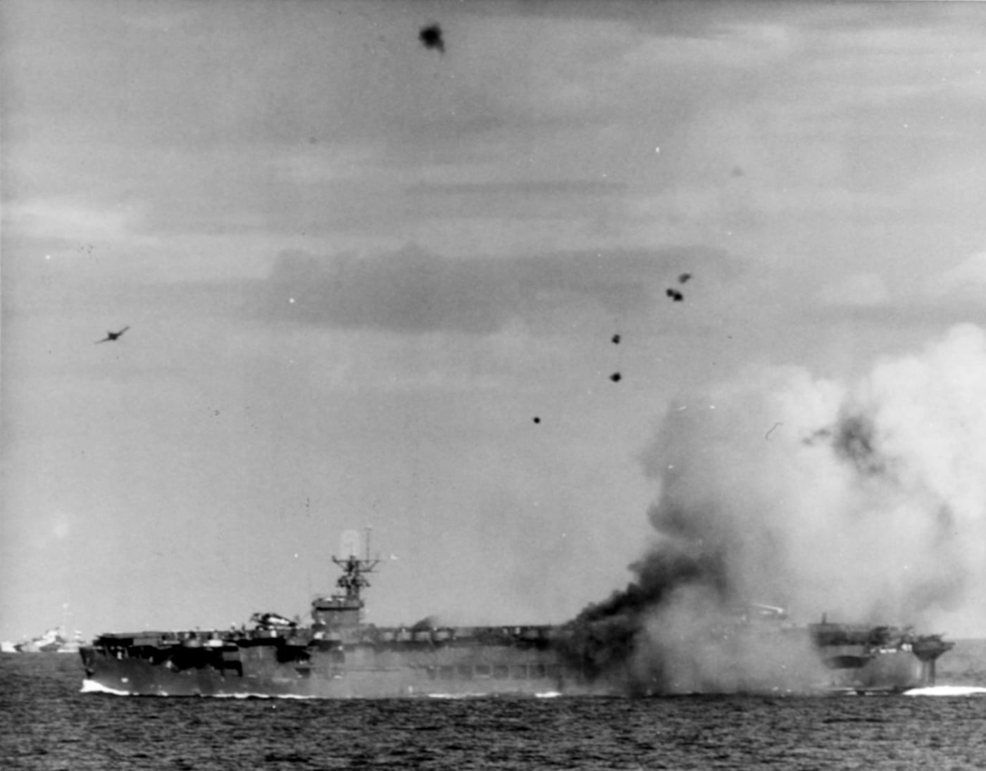 kamikaze Mitsubishi A6M Zero hits USS Suwannee CVE-27 during Battle of Leyte Gulf