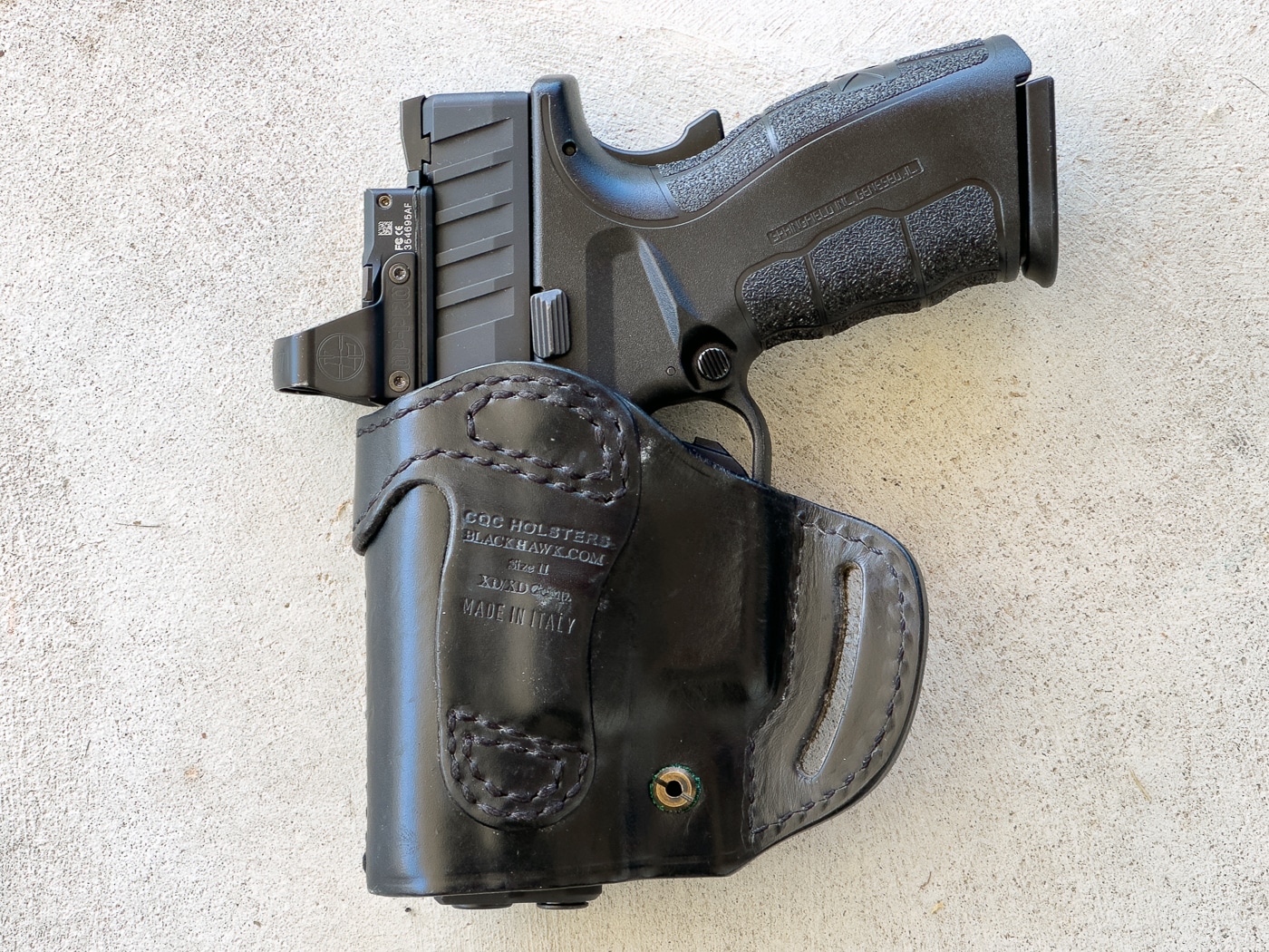 style of this Italian made leather holster from Blackhawk ensures the butt of the gun is tucked against the torso