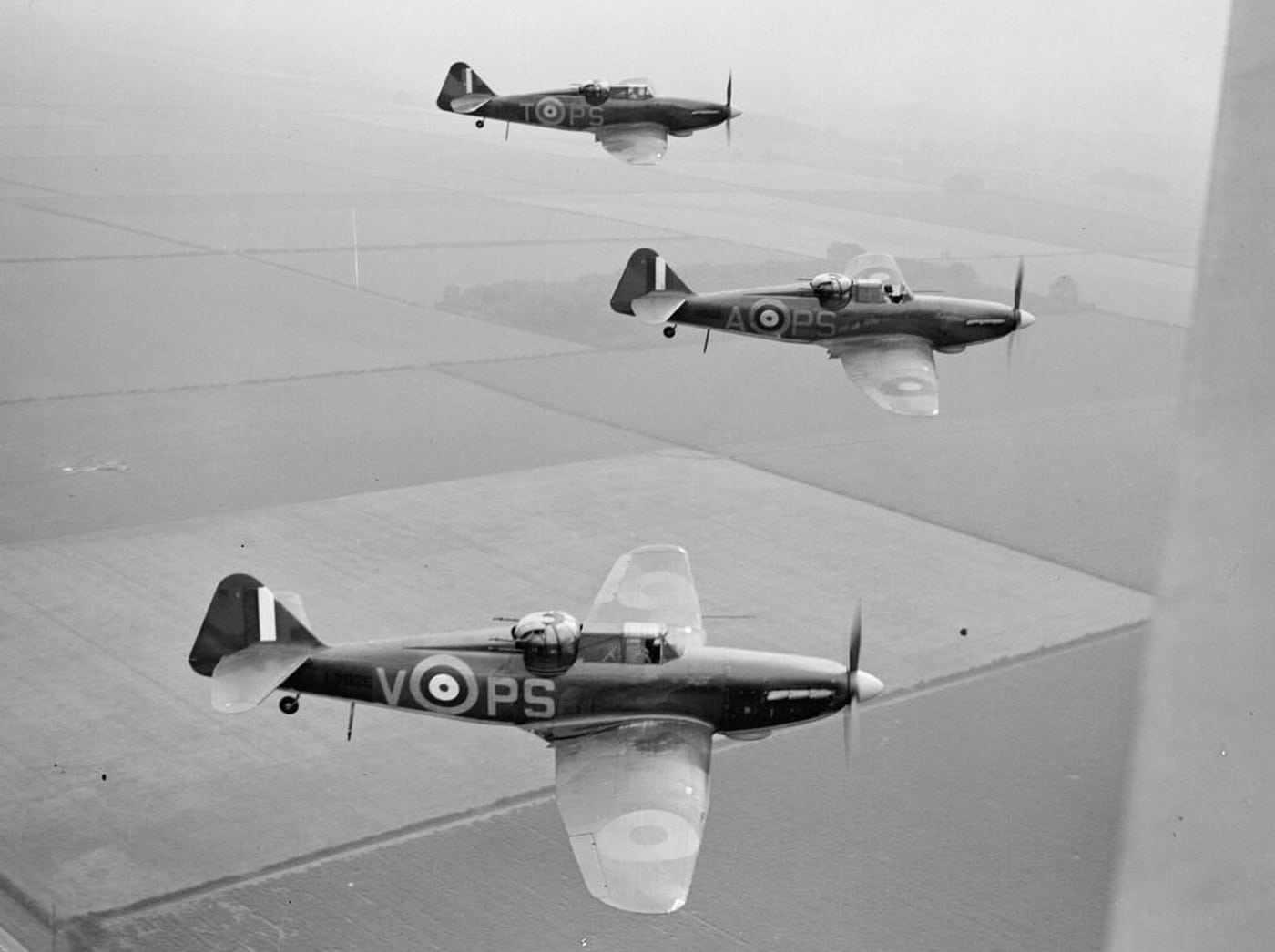 Boulton Paul Defiant interceptor planes in flight over England during Battle of Britain