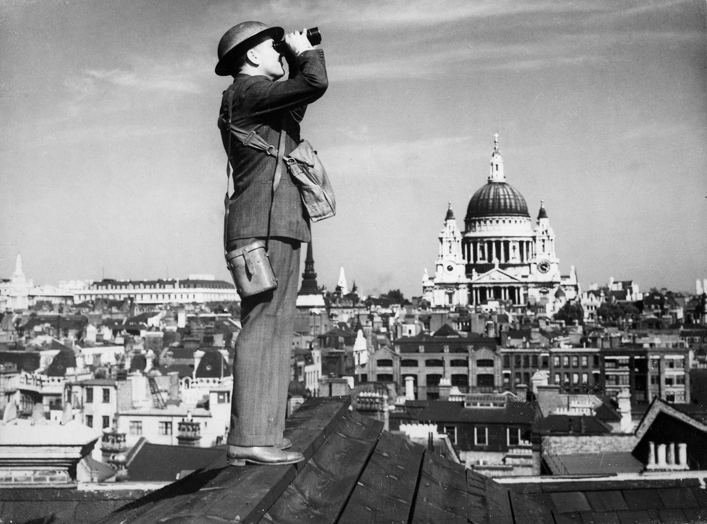 British aircraft spotter on roof in London during the Battle of Britain