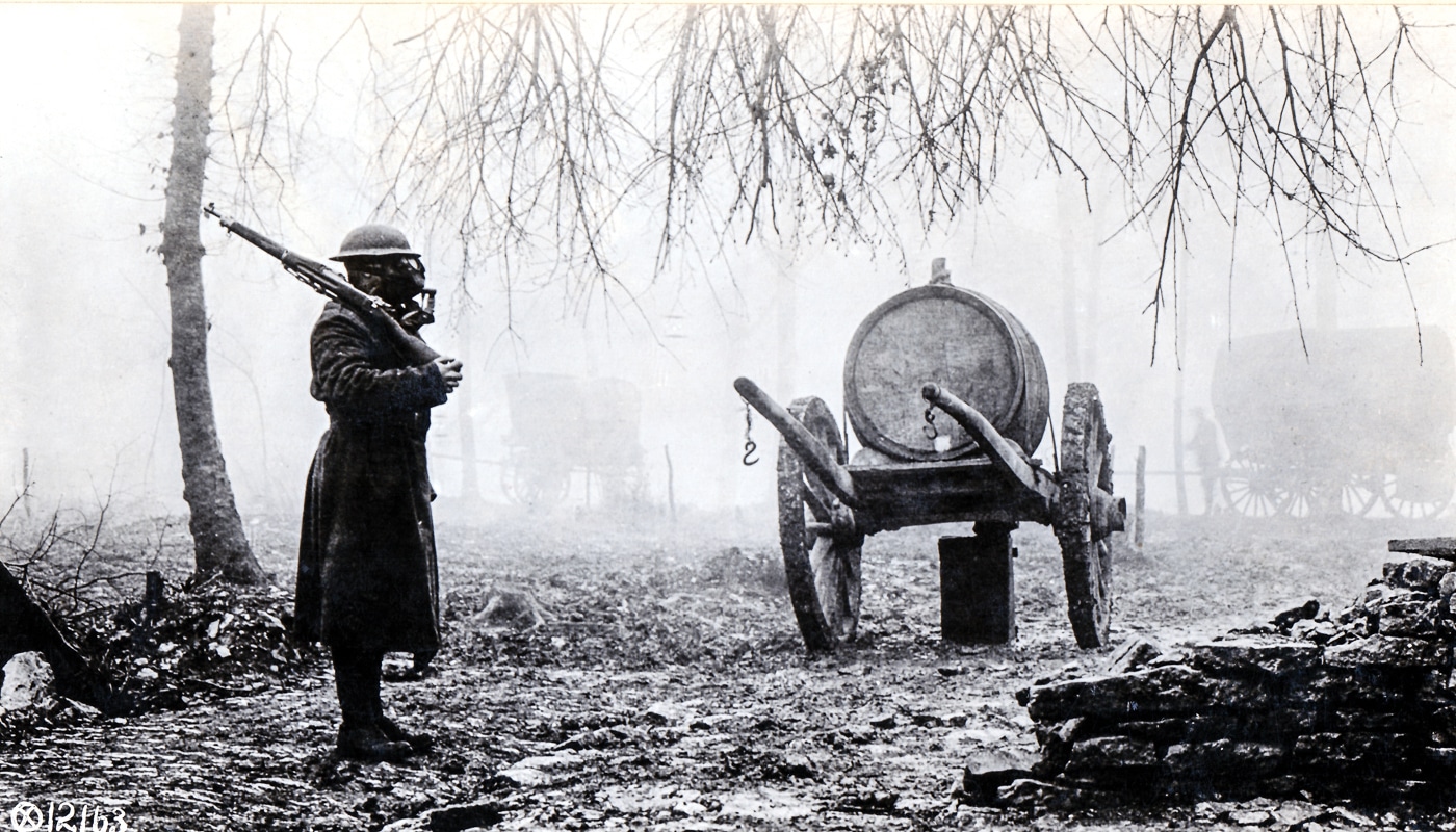 Marine sentry in the foggy haze created by a mustard gas attack by the Germans