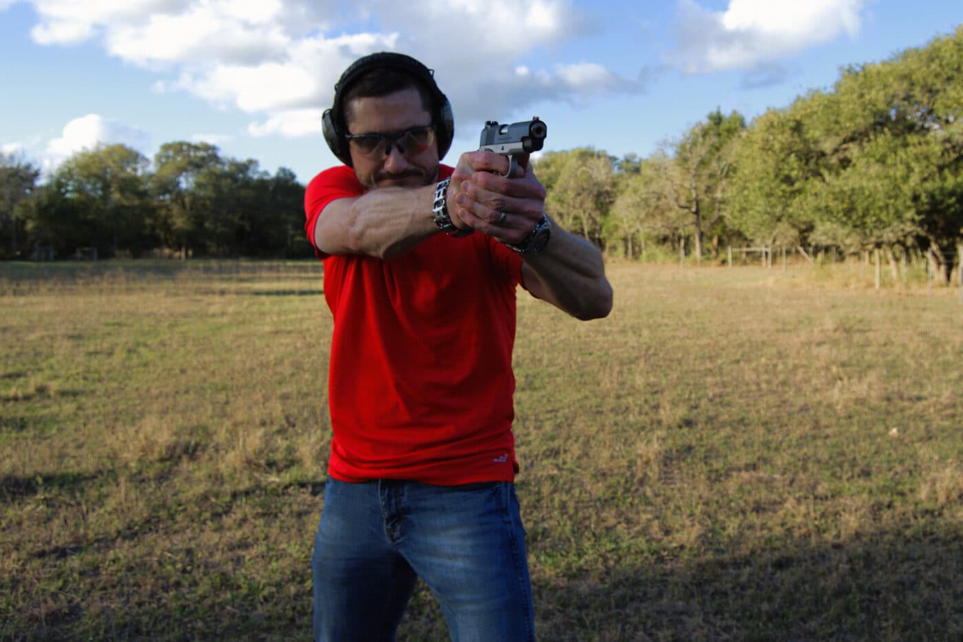 author shooting the Springfield Armory Ronin EMP for testing in this review