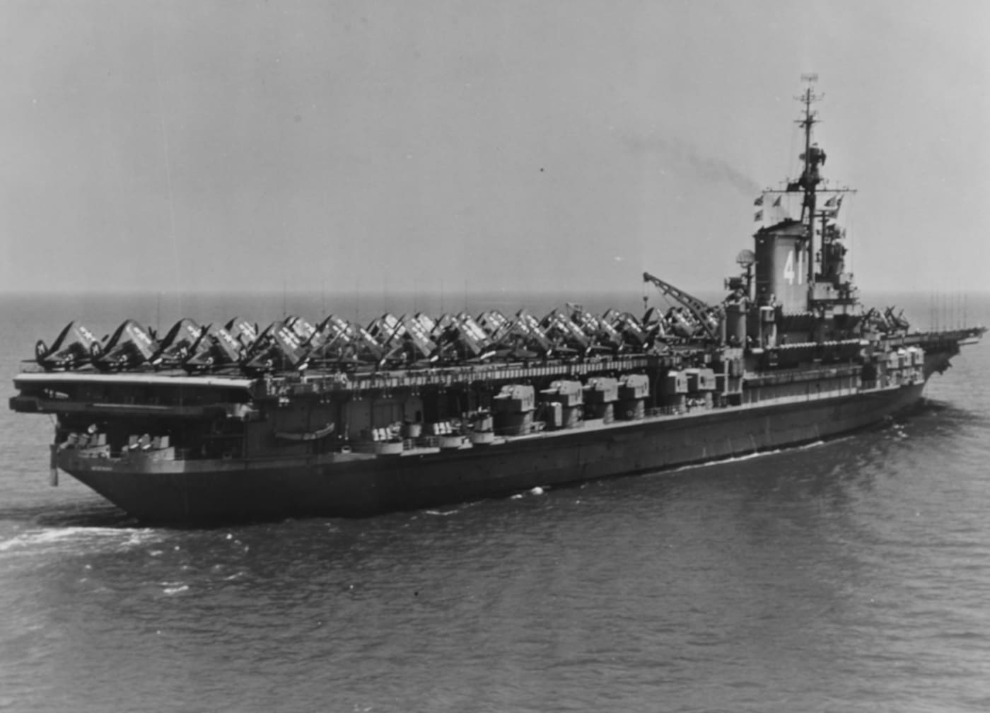 USS Midway CVB-41 in 1947 with a deck load of Curtiss SB2C Helldivers