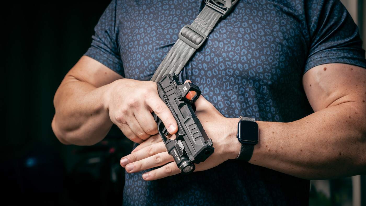 man holding Springfield Armory Echelon handgun for self defense