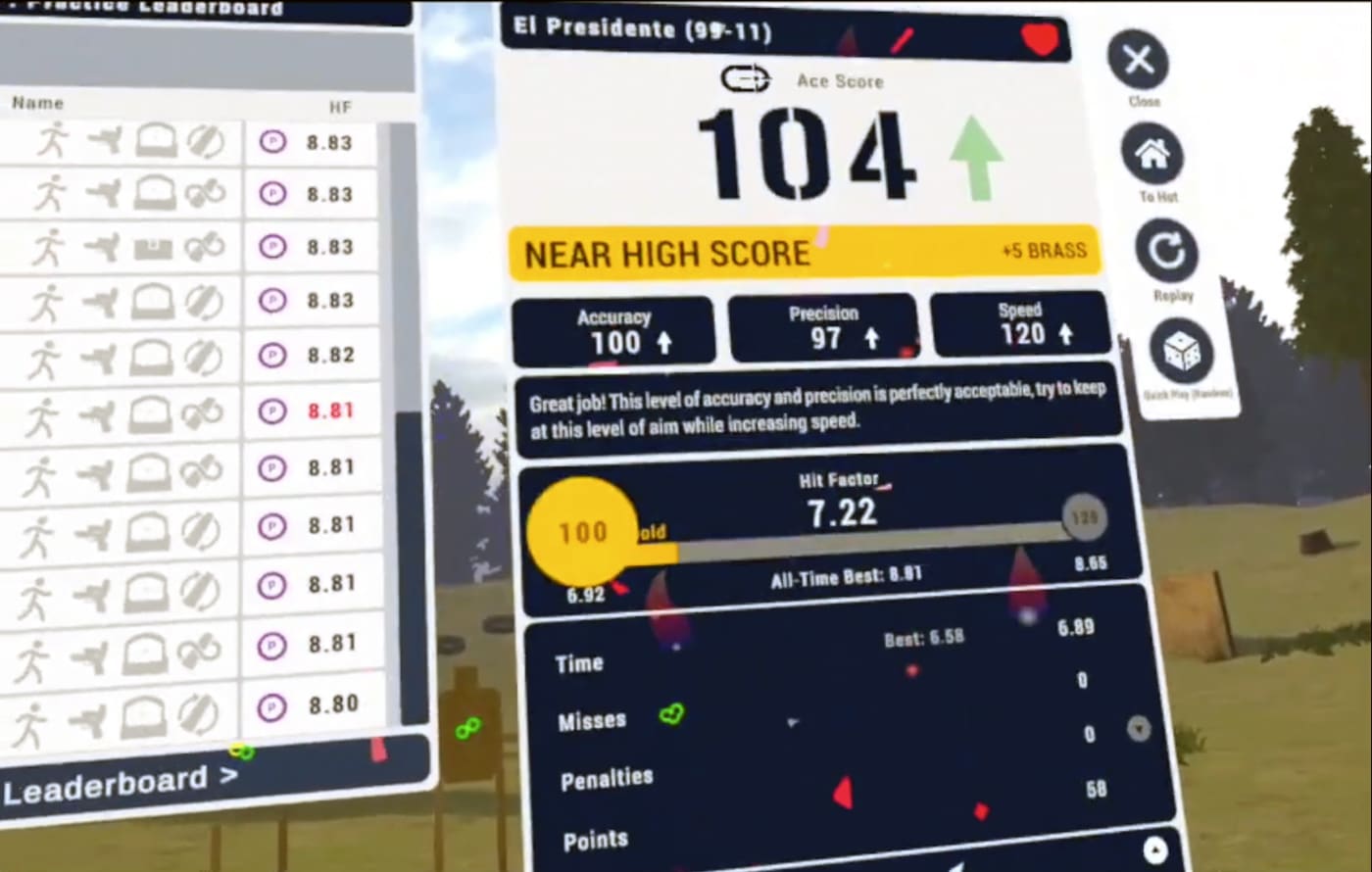 The image shows an in-headset view of the Ace VR Shooting Simulator displaying shooting scores and run statistics. This is the real-time feedback the system provides after a stage, presented inside the virtual range. The data covers metrics such as speed, accuracy, precision and efficiency across each scenario. Tracking these numbers lets a shooter measure progress the way a competitor would at a live match. That performance feedback is part of what makes the at-home shooting simulator a genuine training tool rather than a game. Over time, the readouts show whether drills in draw, presentation and target transition are actually paying off.