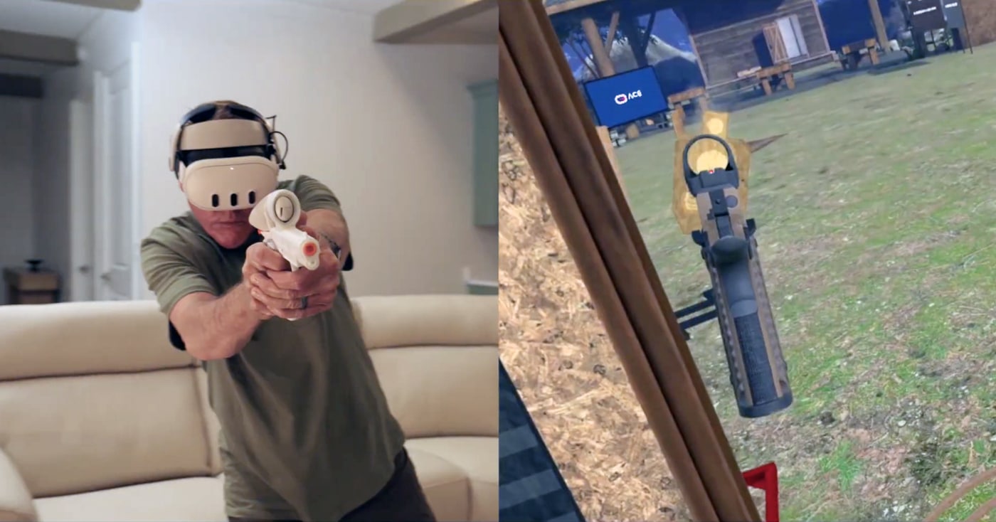 The split-screen image shows a man on the left aiming the 1911 TRP handset while wearing a VR headset, with his in-headset view of a shooting bay displayed on the right. This side-by-side framing illustrates how the Ace VR Shooting Simulator connects real movement to a simulated range. As the shooter draws, presents and transitions, the virtual targets and surroundings respond in real time. The view on the right is one of more than 100 stages drawn from USPSA, PCSL and Steel Challenge formats. Because the simulation tracks his position and muzzle direction, it can score accuracy and flag safety violations such as breaking the 180. The setup proves how little physical room a virtual shooting range actually needs.
