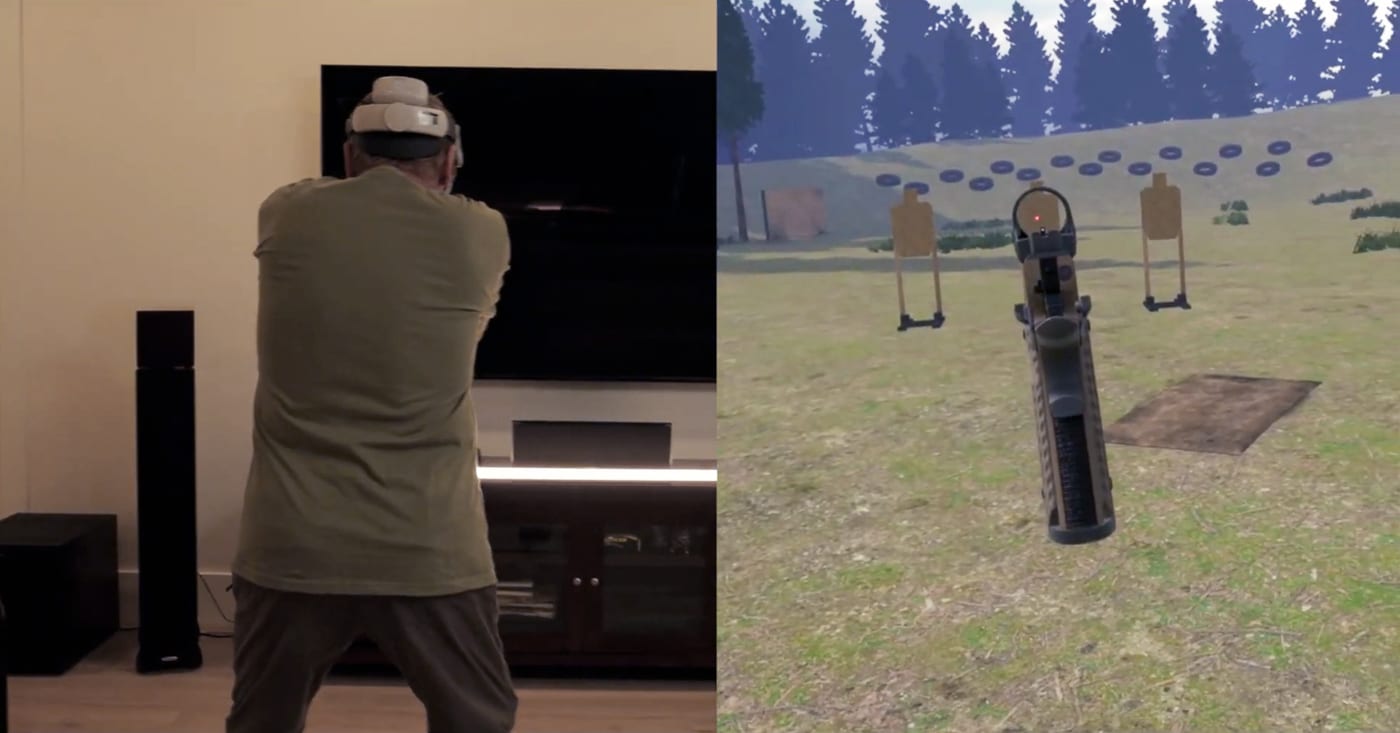 On the left of this split image, a man in a VR headset works a stage with the weighted firearm controller; on the right is the matching first-person view from inside the simulation. Together the panels show the at-home shooting simulator doing its job, mapping his real motions onto a virtual competition stage. The handset stands in for a live-fire Springfield 1911, so his grip, draw and trigger press mirror what he would do at an actual range. Meanwhile the headset renders the bay, the targets and his hits with real-time feedback. This is skill-building practice in marksmanship fundamentals rather than a first-person shooter game. Tools like draw, presentation, sight alignment and target acquisition all carry over to live fire.