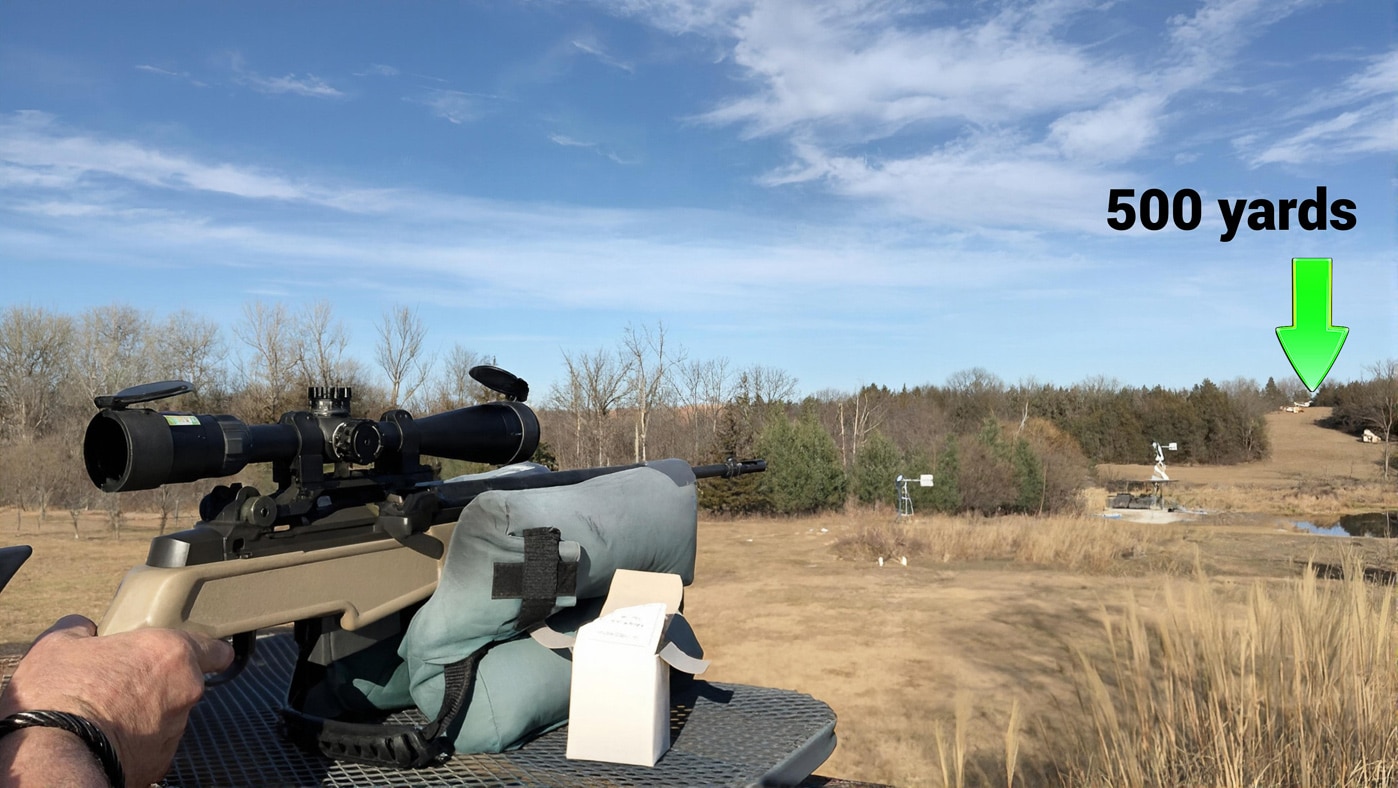 A man sits at an outdoor shooting bench with a Springfield Armory M1A rifle shouldered and pointed downrange toward targets set at 500 yards. The M1A Loaded Precision is a semi-automatic .308 chambered in 7.62x51mm NATO, the civilian-legal descendant of the M14 service rifle. Reaching out to 500 yards with this platform rewards a stable benchrest position and consistent fundamentals. The rifle wears a Desert FDE Archangel adjustable stock and a Nikon P-308 optic with a bullet drop compensating reticle.