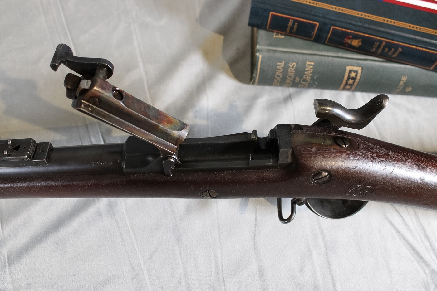 top down look at the breech of the trapdoor rifle