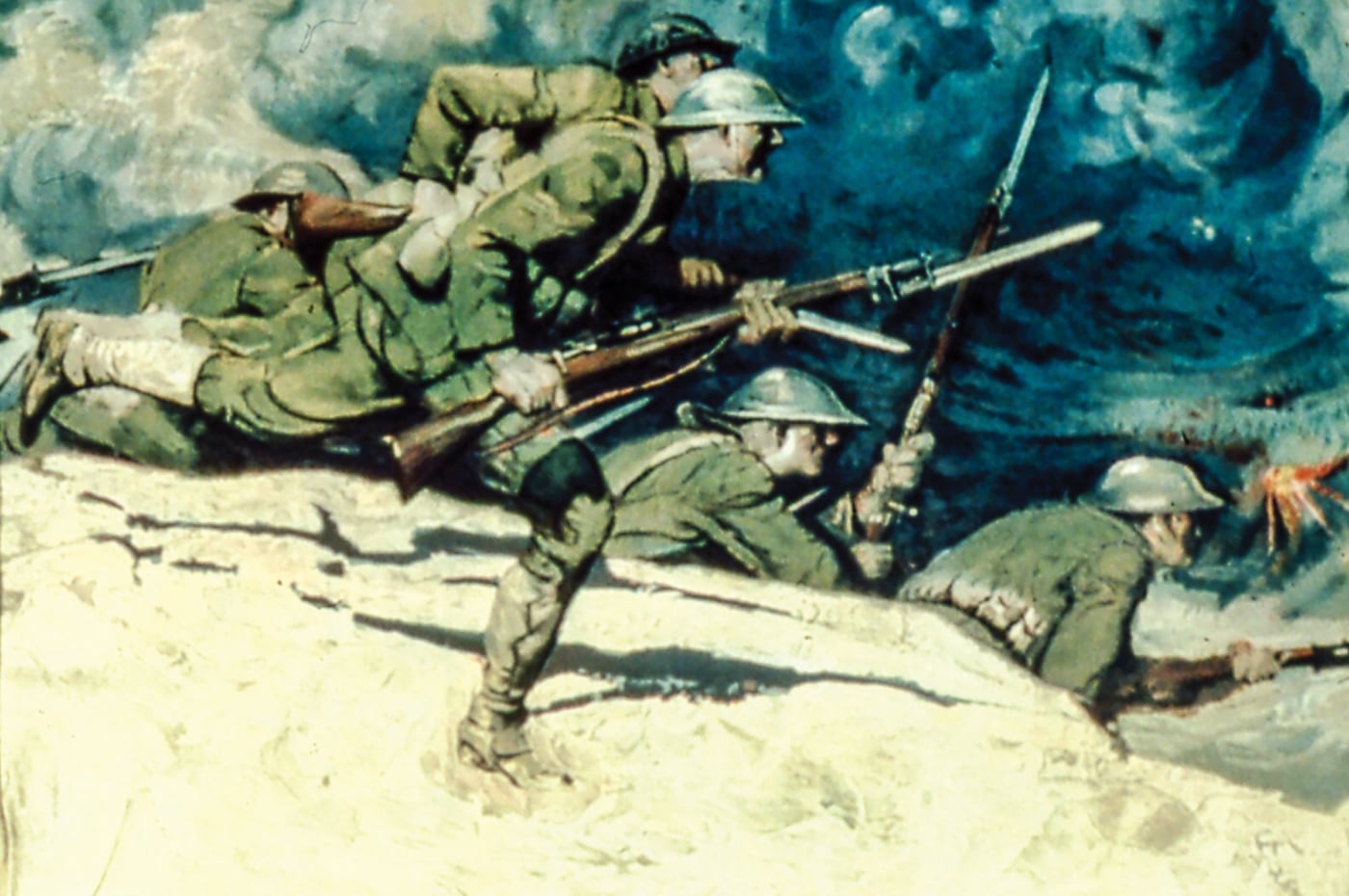 wartime poster showing American troops in action during World War I