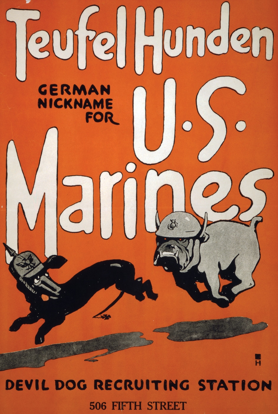 wartime recruiting poster promoted the Devil Dog Teuful Hunden story from the battle of Belleau Wood
