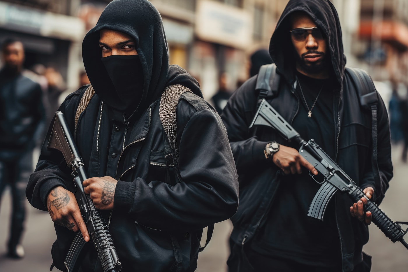 AI generated carbines in the hands of hooded men