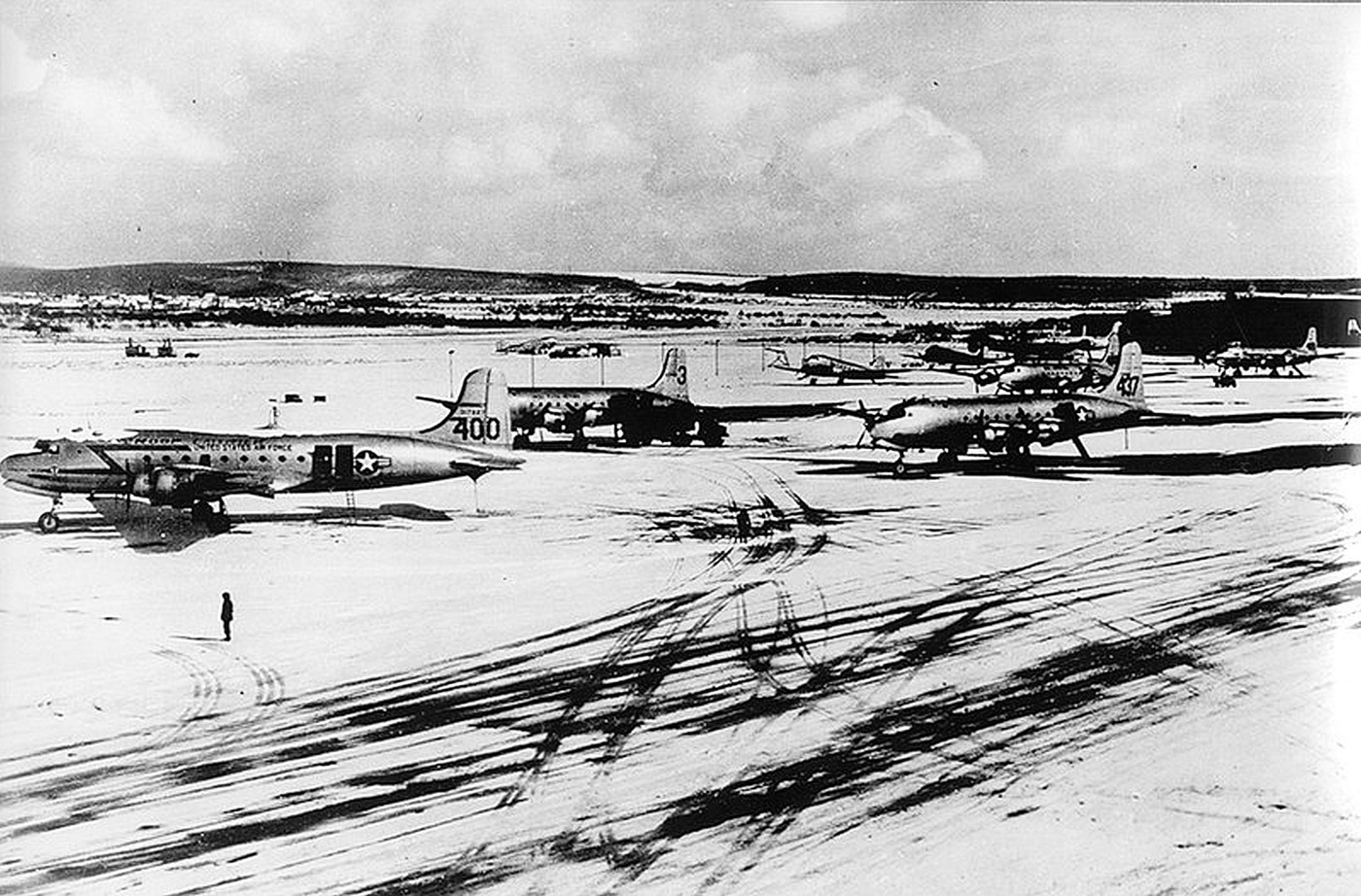 C-54 cargo planes in snow at Wiesbaden Air Base during Berlin Airlift