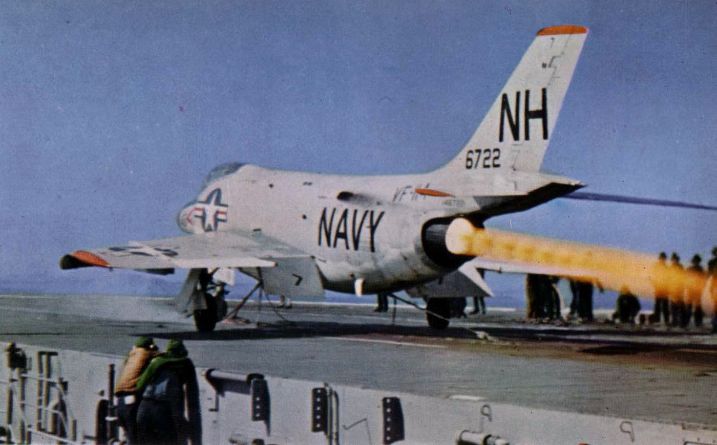F3H Demon of VF-114 launches from USS Hancock CVA-19 in 1960