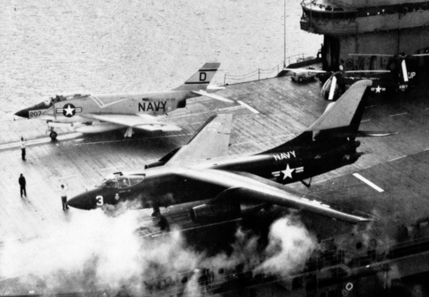 F3H and A3D prepare to launch from USS Shangri-La CVA-38 in 1956