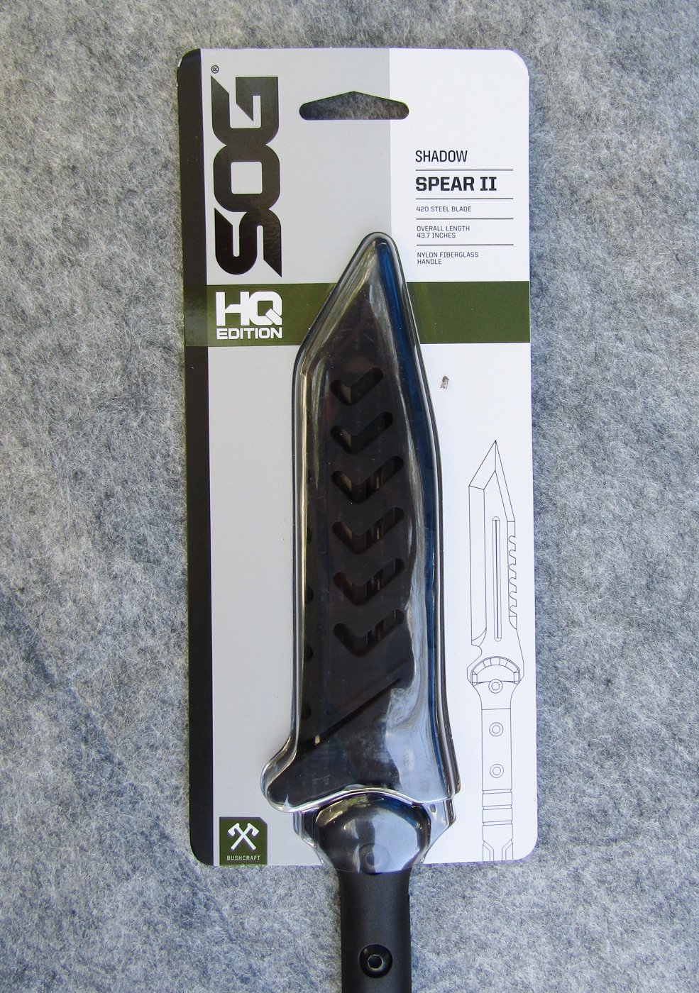 The SOG Shadow Spear II brand new in blister pack packaging as purchased by the author for this tactical hunting spear review. Factory-sealed SOG Shadow Spear II in its blister pack, displaying the tanto-point throwing spear with glass-filled nylon haft and polymer sheath.