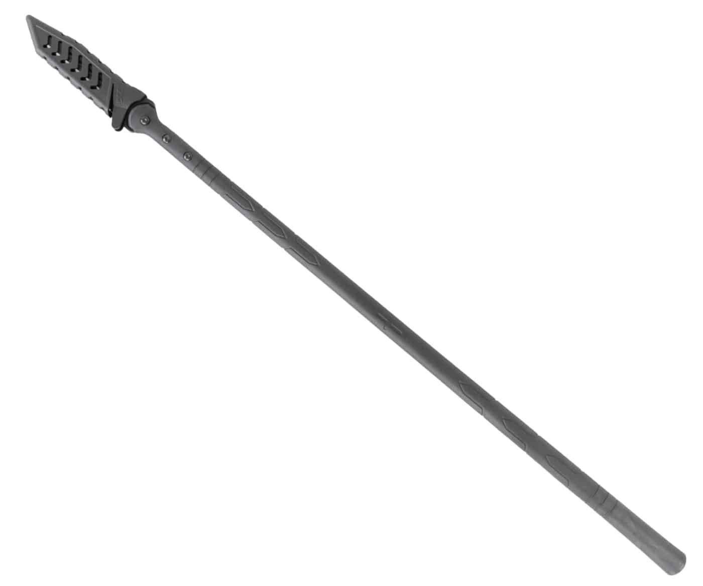 The author reviewing the SOG Shadow Spear II tactical hunting spear with tanto-style 420 stainless steel blade and glass-filled nylon haft. After several throws and thrusts, he found the construction solid and the blade still tightly fitted to the handle.