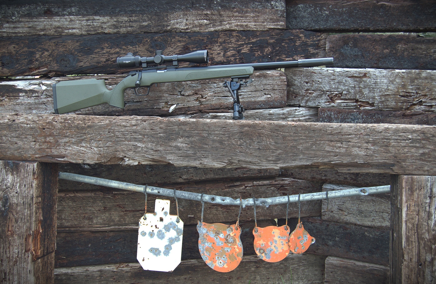 author rifle with suppressor and metal targets
