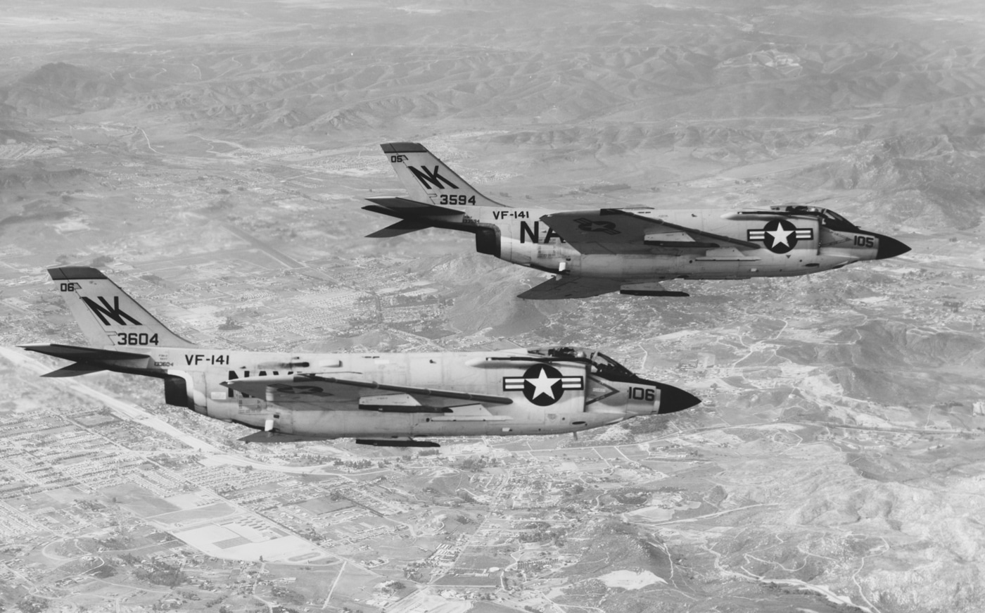 two F3H-2 Demon fighters in flight over NAS Miramar