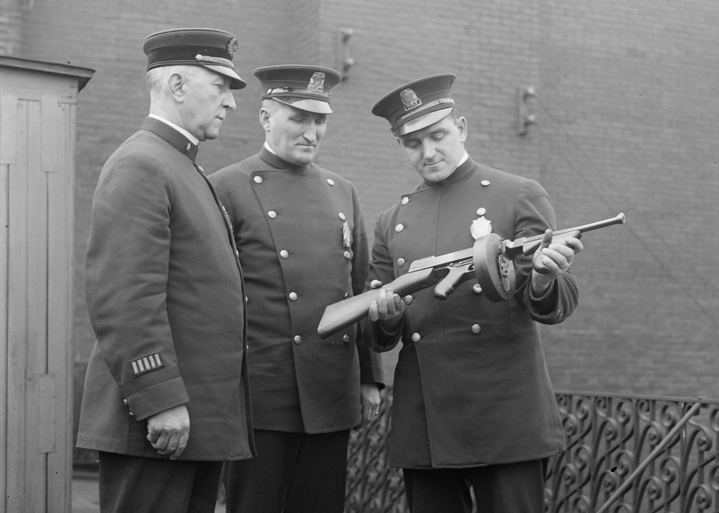 Boston police officers with Thompson submachine gun prepare for communist May Day rioting in 1923