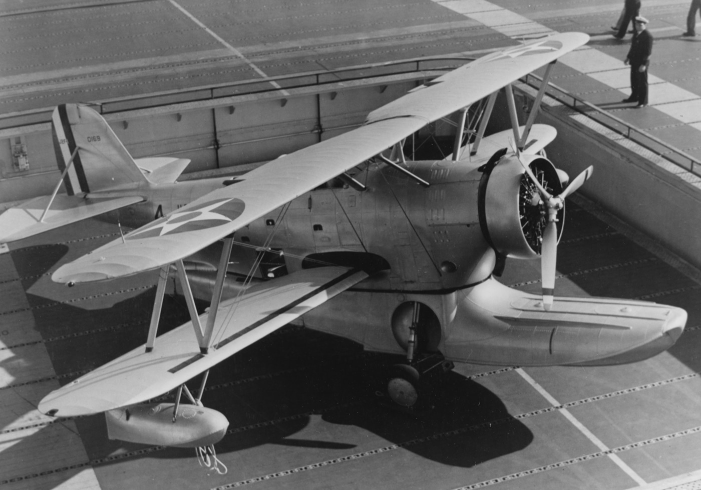 Grumman J2F-1 Duck on the midships elevator of the USS Yorktown CV-5 in 1937