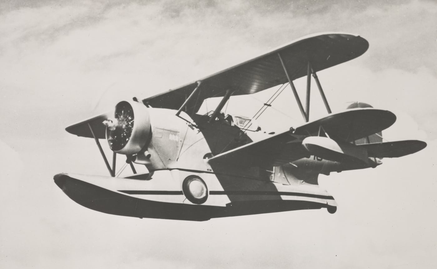 Grumman J2F Duck in flight photographed by USMC
