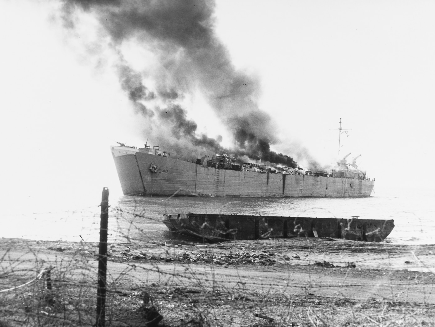 LST-340 burning after being hit by Japanese air raid