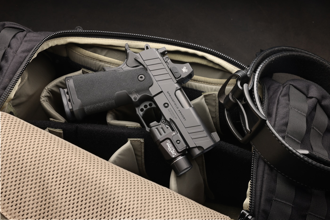 Springfield 1911 DS Prodigy 3.5 inch fitted with Streamlight TLR-7HL-X weapon light and Vortex red dot sight