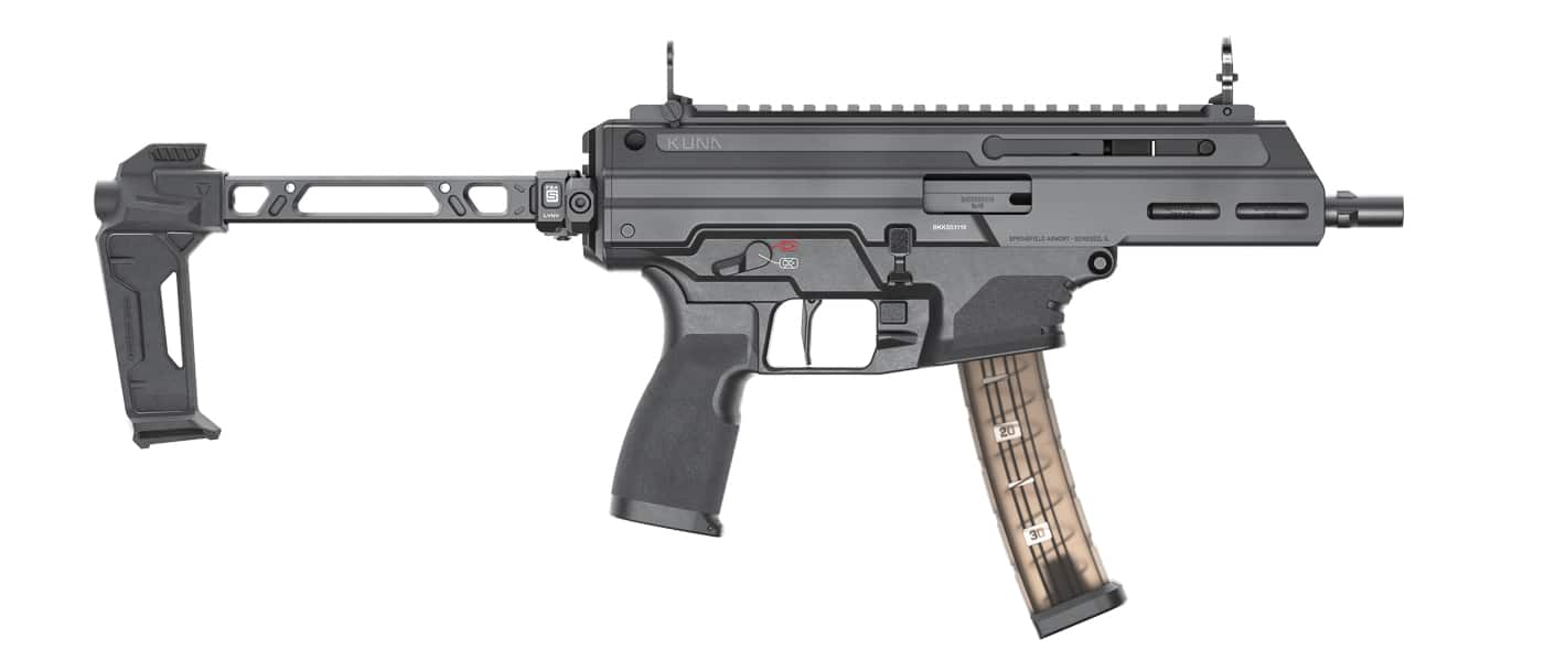 Springfield Kuna tri-lug with Strike Industries brace and flipped up sights