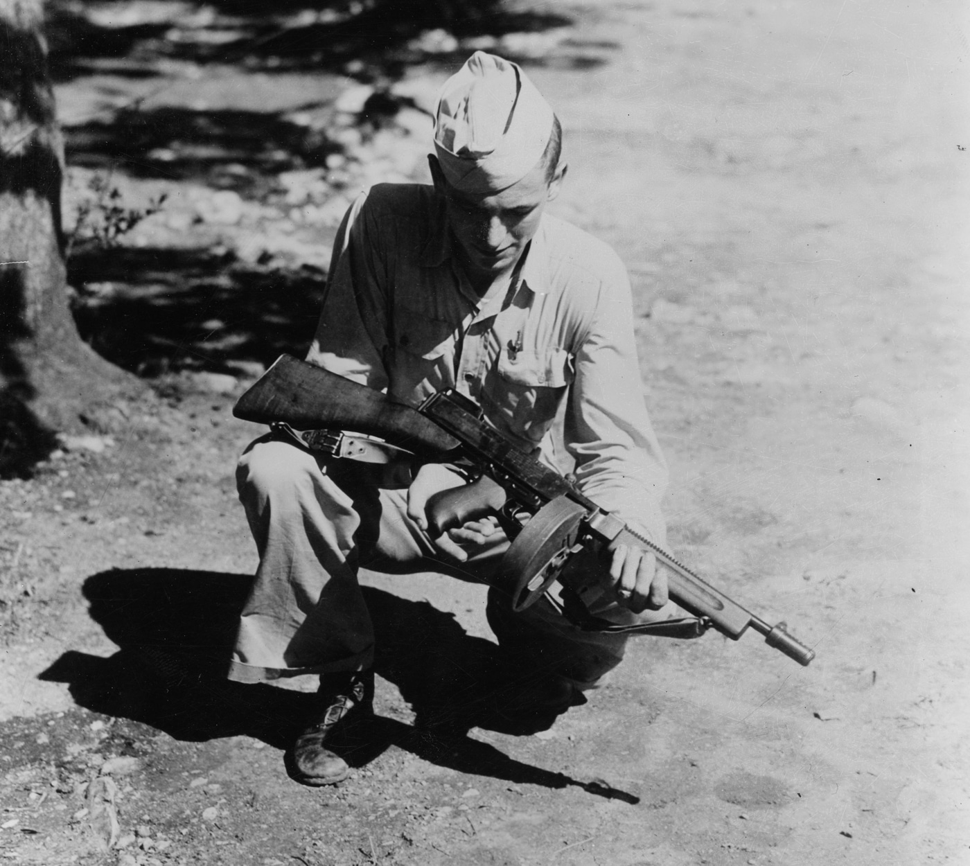 US soldier with Thompson submachine gun during training in 1937 in San Antonio Texas