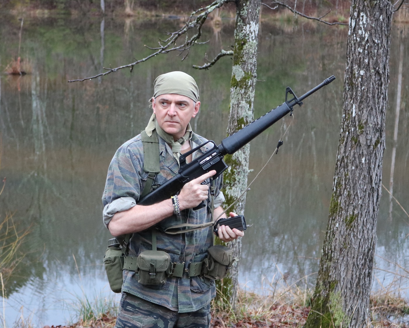 US soldiers were armed with M16A1 rifles and 20 round magazines as shown by the author wearing tiger strip camo