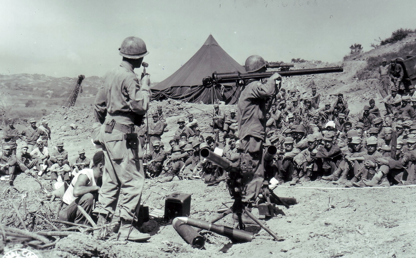 US troops are trained with the M18 recoilless rifle on Okinawa in July 1945