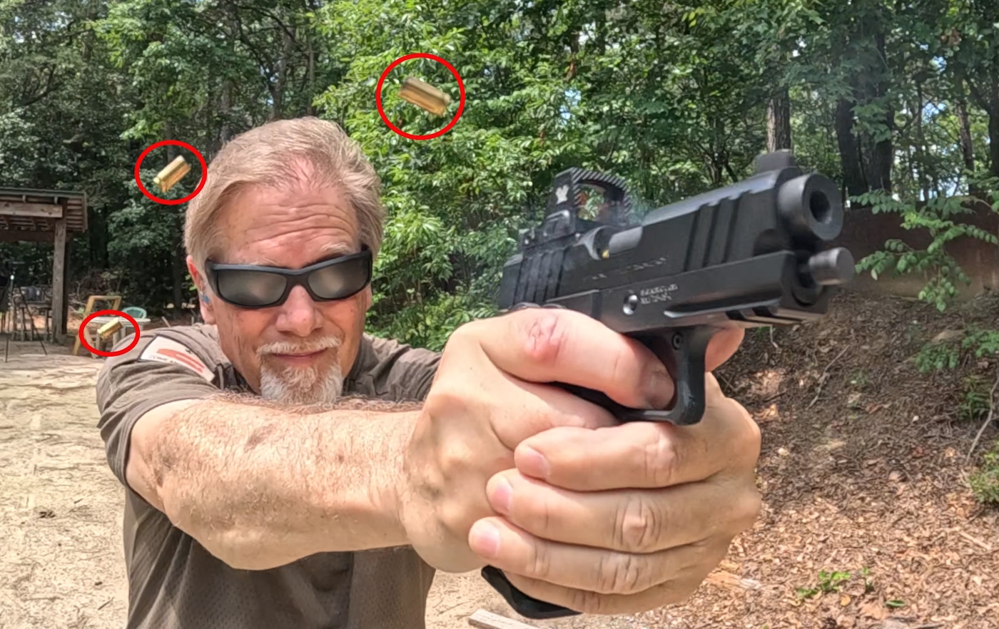 author shooting the Prodigy 3.5 inch pistol on outdoor shooting range