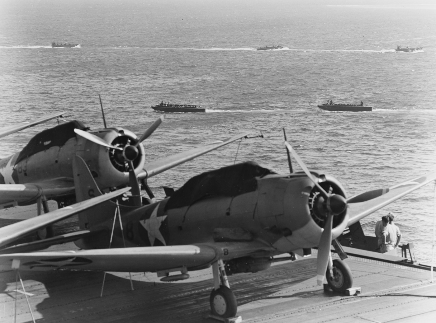 landing craft practice maneuvers ahead of the Guadalcanal landings as viewed from USS Enterprise CV-6
