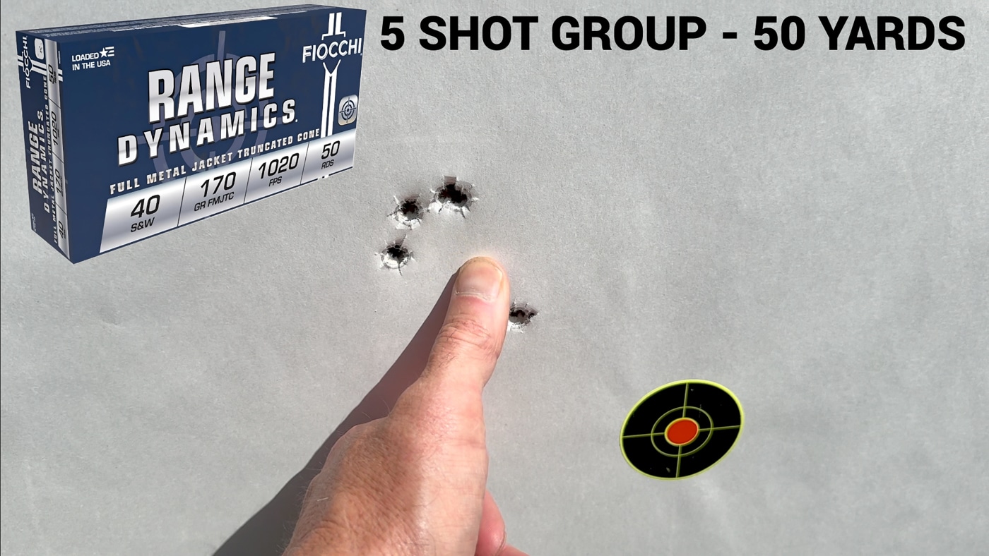 shot group on paper target to test precision and accuracy of Springfield Armory Kuna 40 SW pistol