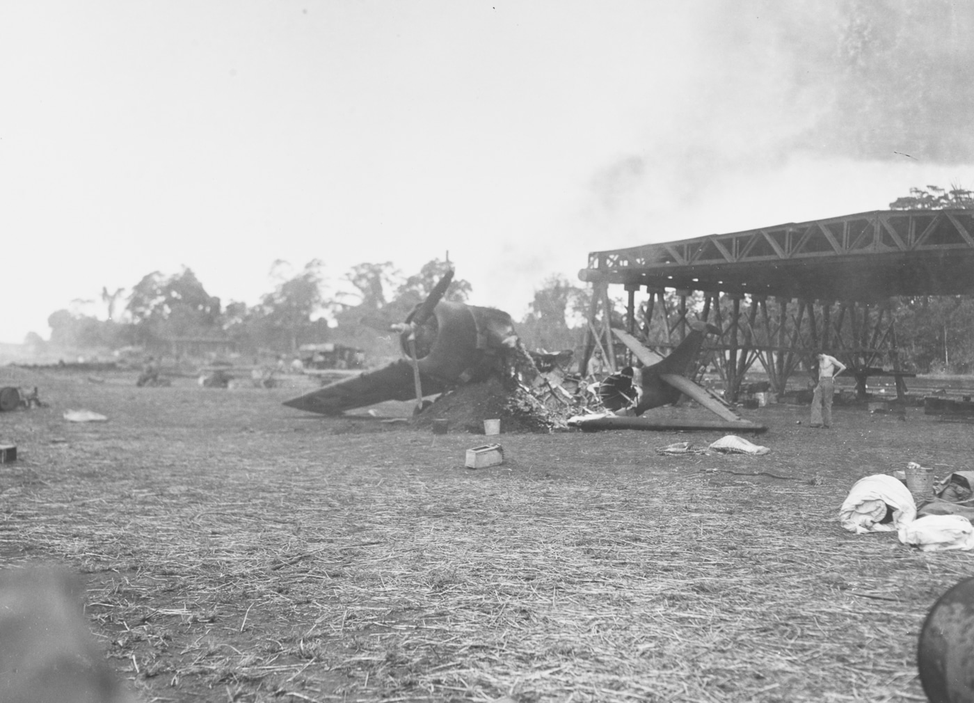 wreck of Grumman F4F Wildcat fighter plane destroyed by Japanese bomb