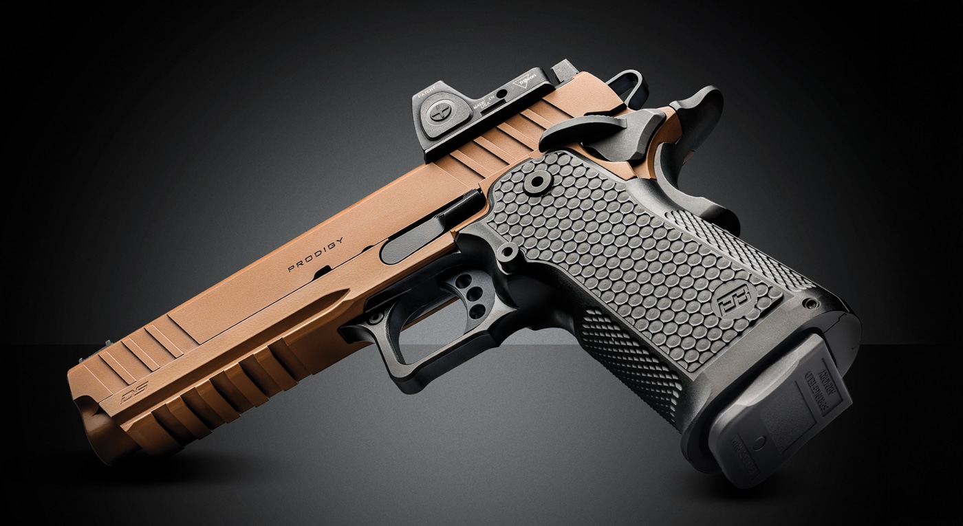 Coyote Brown 5 inch 1911 DS Prodigy AOS 9mm fitted out with the Ed Brown Metail Grip Module and a Trijicon RMR red dot optic
