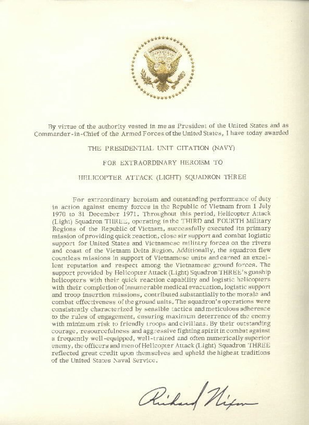 Presidential Unit Citation for Helicopter Attack Light Squadron Three